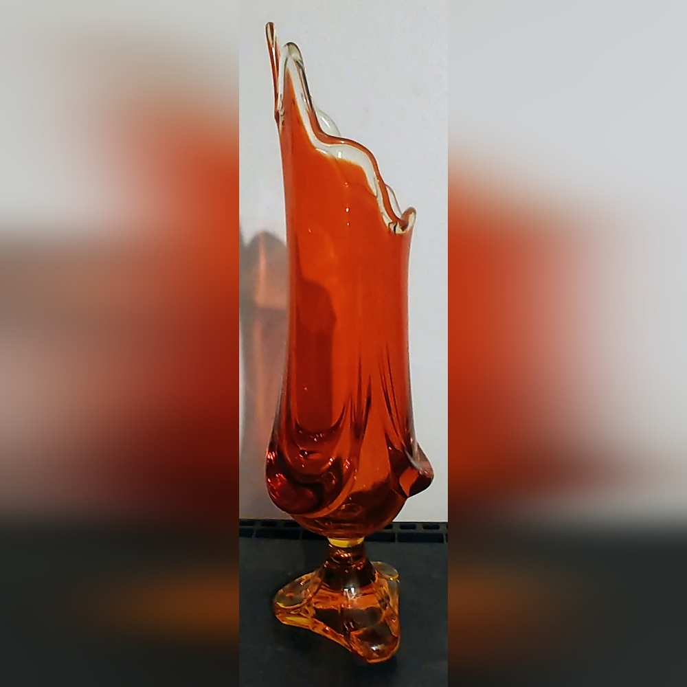 Vintage Viking Glass 13.5” Swung Vase Orange MCM Epic Drape 3-Toed Persimmon - Picture 3 of 12